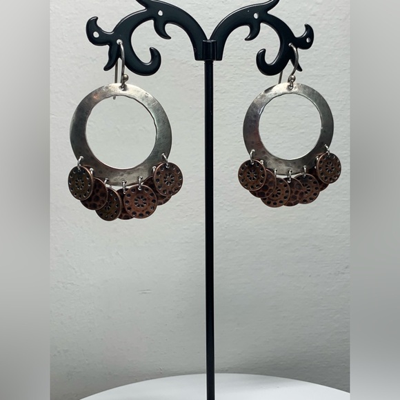 Silpada Vintage HTF Sterling Silver & Copper Coin ChaCha Hoop Frch Wire Earrings - Picture 7 of 14